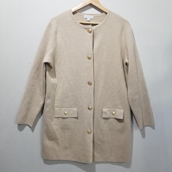 J Crew Sweater Jacket Womens Medium Beige Cotton Long Cardigan Coat Gold Buttons - Picture 1 of 11